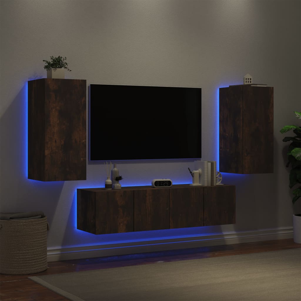 Mobili TV a Muro con LED 4pz Rovere Fumo in Legno Multistrato 3216843