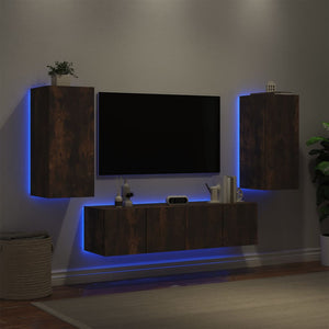 Mobili TV a Muro con LED 4pz Rovere Fumo in Legno Multistrato 3216843