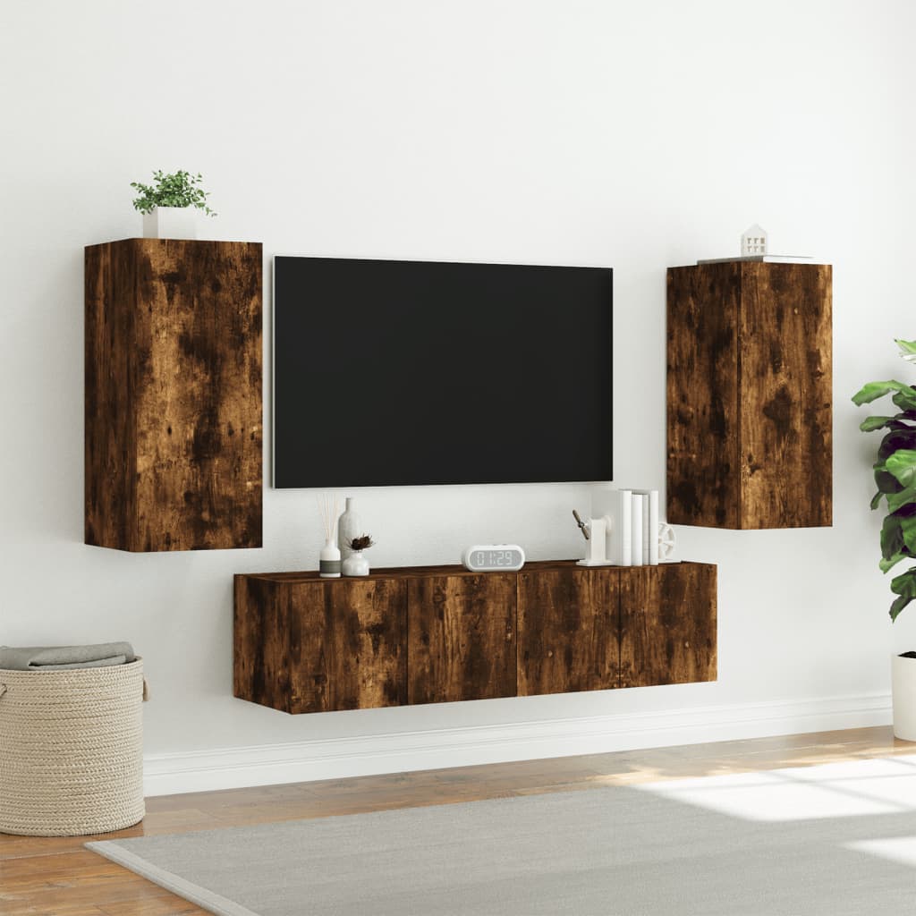 Mobili TV a Muro con LED 4pz Rovere Fumo in Legno Multistrato 3216843