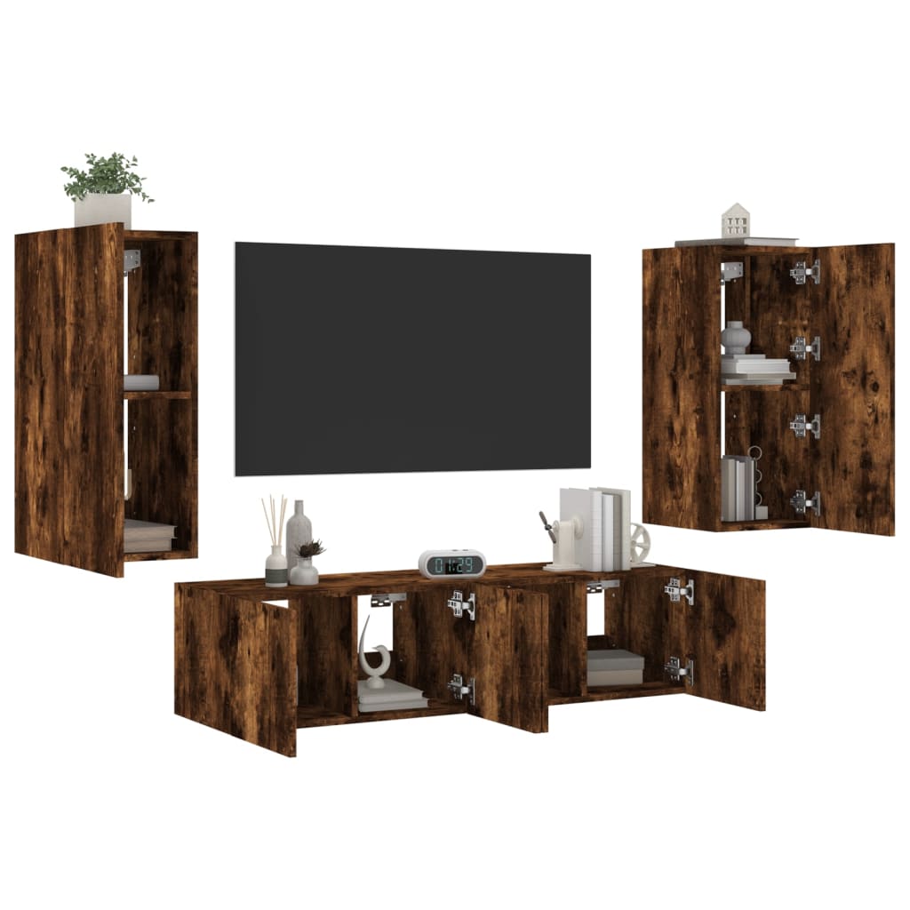 Mobili TV a Muro con LED 4pz Rovere Fumo in Legno Multistrato 3216843