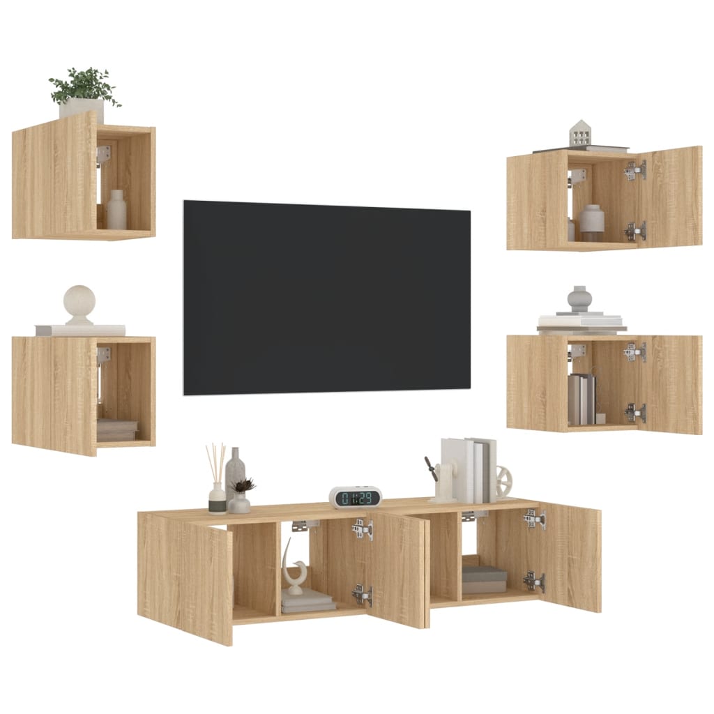 Mobili TV a Muro con LED 6pz Rovere Sonoma Legno Multistratocod mxl 134445