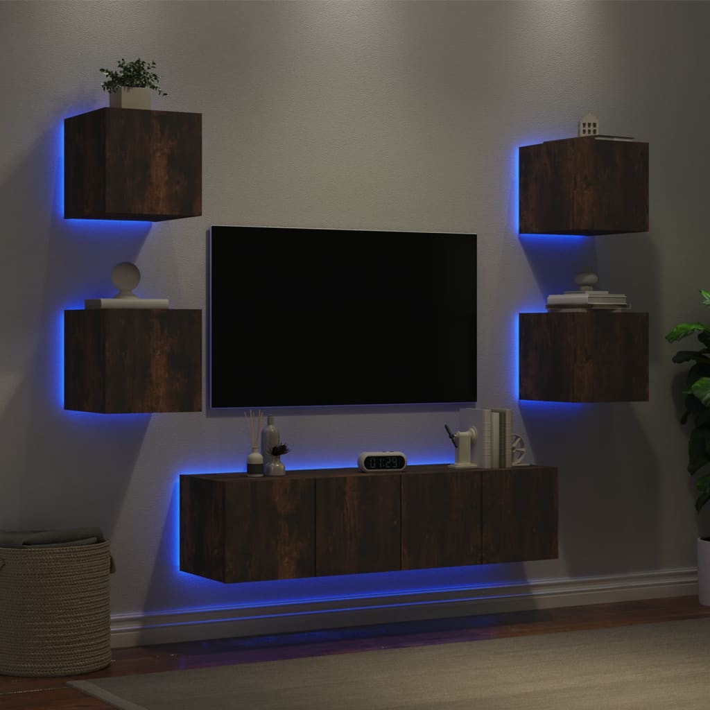 Mobili TV a Muro con LED 6pz Rovere Fumo in Legno Multistrato 3216857