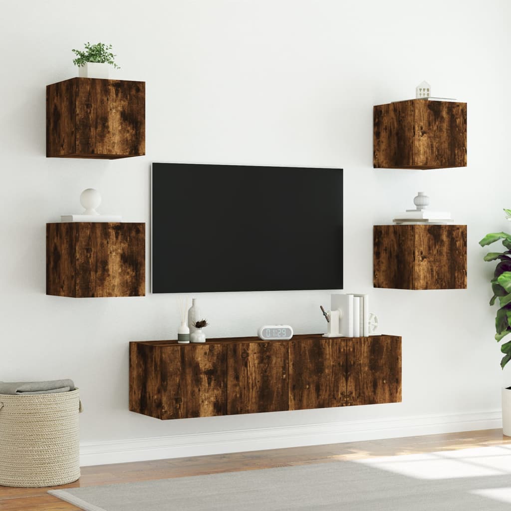 Mobili TV a Muro con LED 6pz Rovere Fumo in Legno Multistrato 3216857