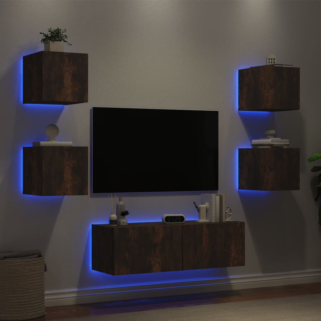 Mobili TV a Muro 5pz con Luci LED Rovere Fumo 3216864