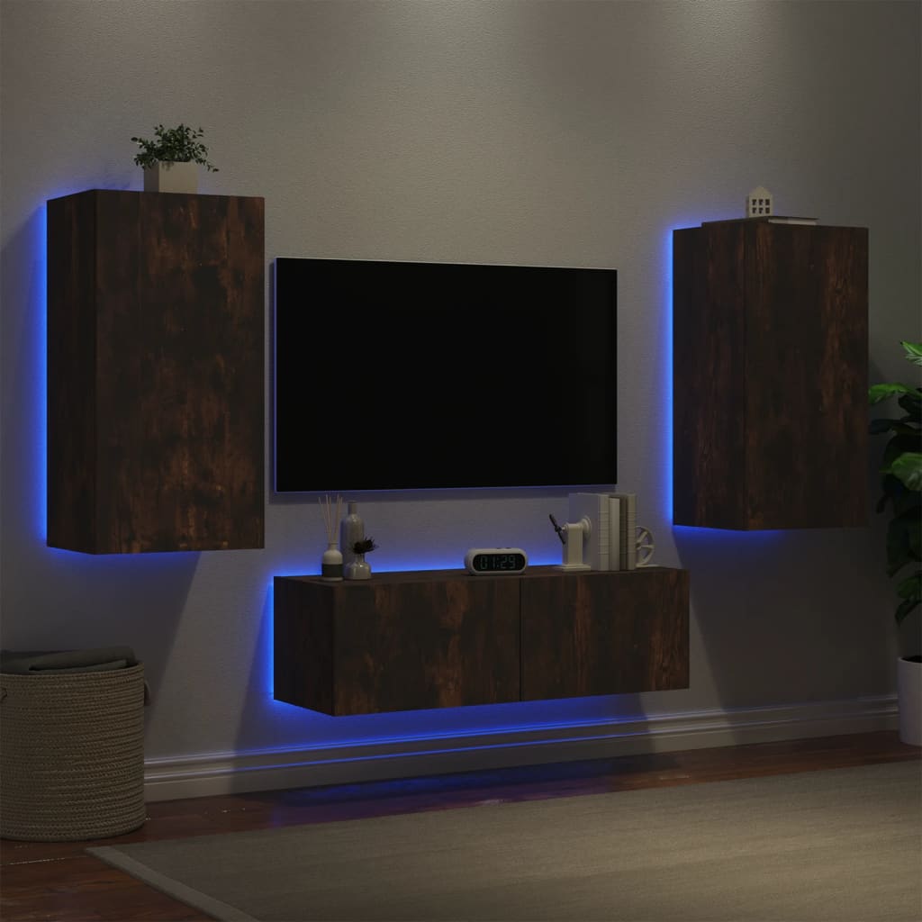 Mobili TV a Muro 3pz con Luci LED Rovere Fumo 3216878