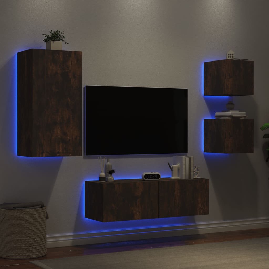 Mobili TV a Muro 4pz con Luci LED Rovere Fumo 3216885