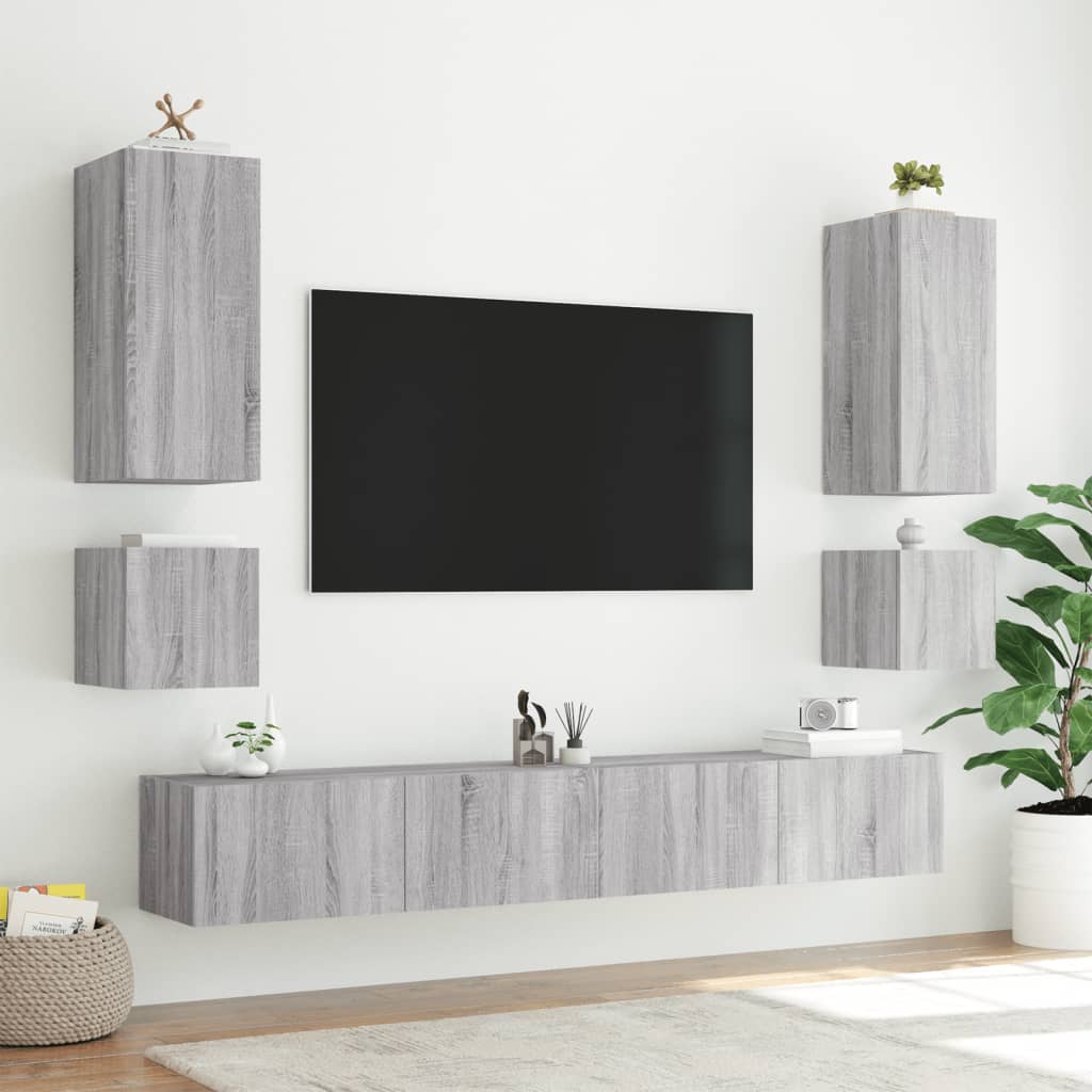 Mobili TV a Muro 6pz con Luci LED Grigio Sonoma 3216893