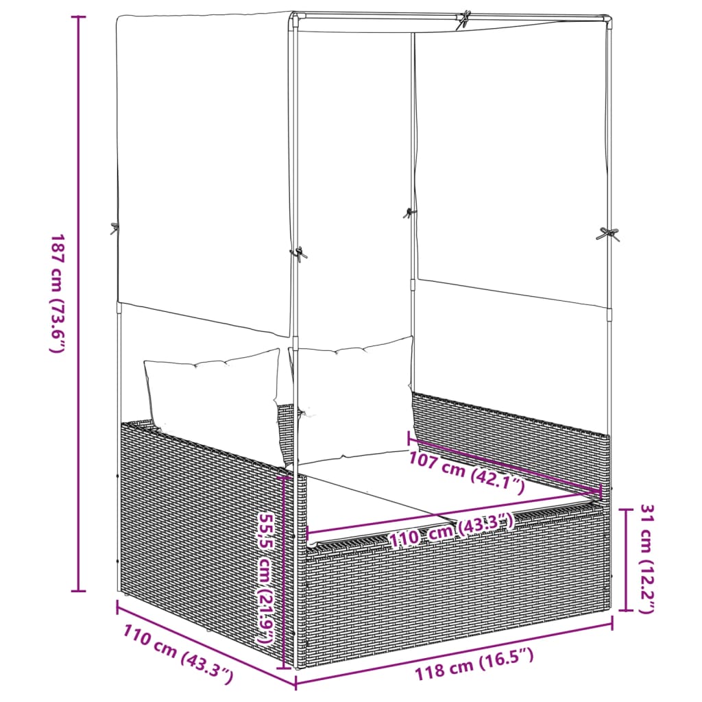 Lettino Prendisole con Tetto e Tende Marrone in Polyrattan 4002756