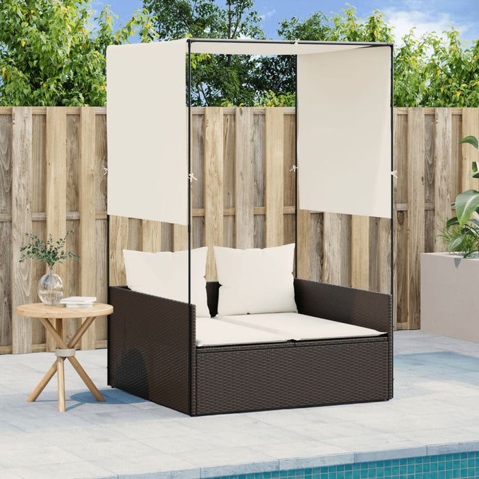 Lettino Prendisole con Tetto e Tende Marrone in Polyrattan 4002756