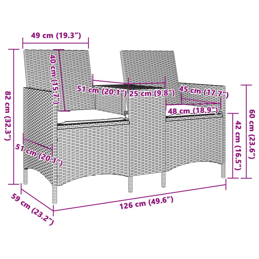 Divano da Giardino a 2 Posti Tavolo Cuscini Nero in Polyrattan 4003884