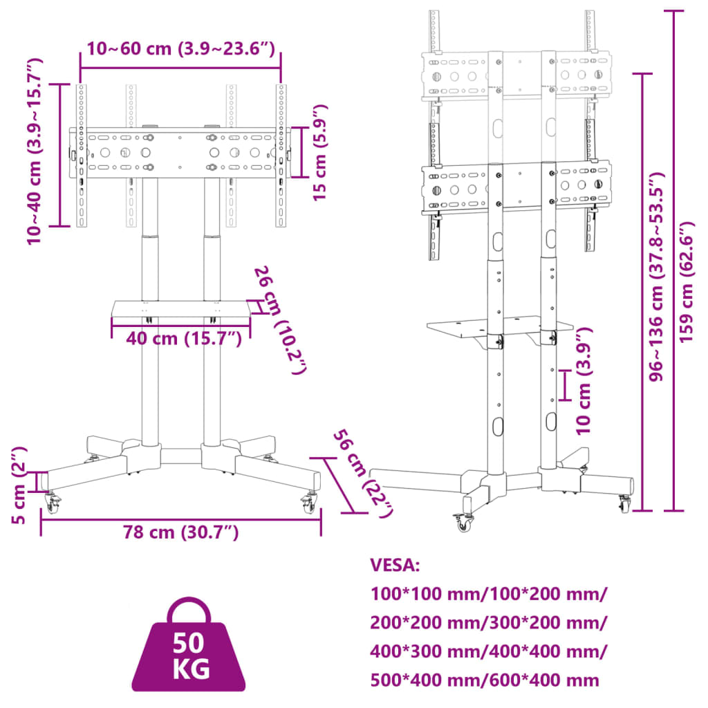 Supporto TV su Ruote Schermo 32"-70" Max VESA 600x400 mm 50kg 379577