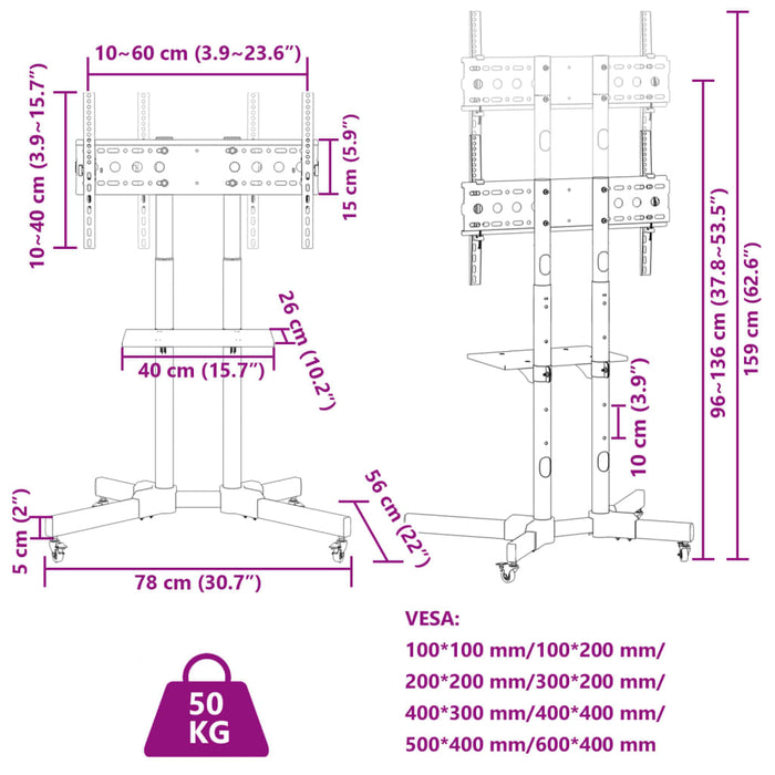 Supporto TV su Ruote Schermo 32"-70" Max VESA 600x400 mm 50kg 379577