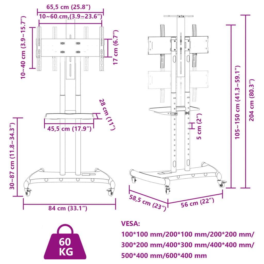 Supporto TV con Ruote Schermo 32"-70" Max VESA 600x400 mm 60kg 379578