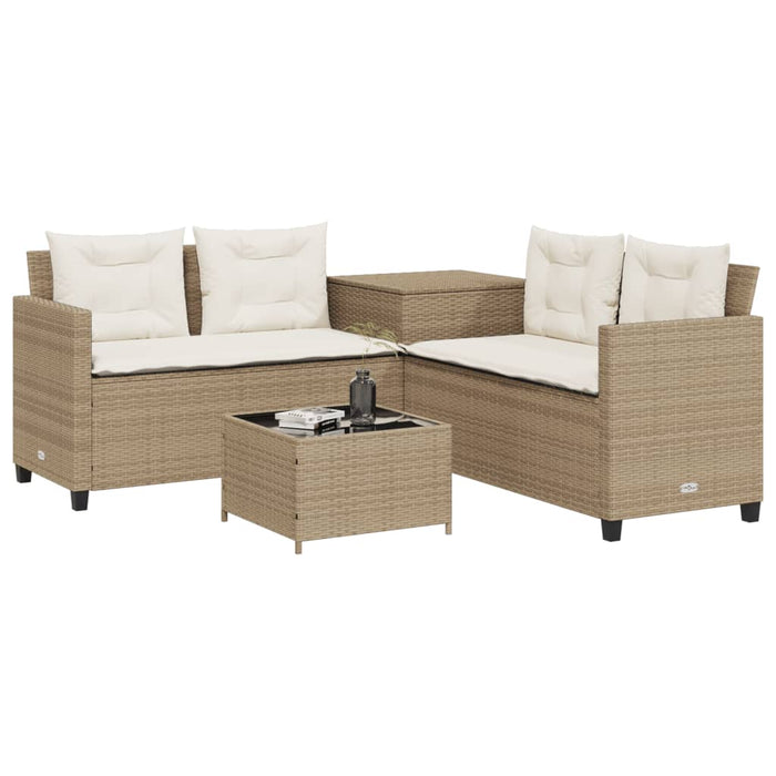 Divano da Giardino con Tavolo e Cuscini a L Beige in Polyrattan 369031