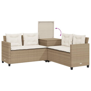 Divano da Giardino con Tavolo e Cuscini a L Beige in Polyrattan 369031