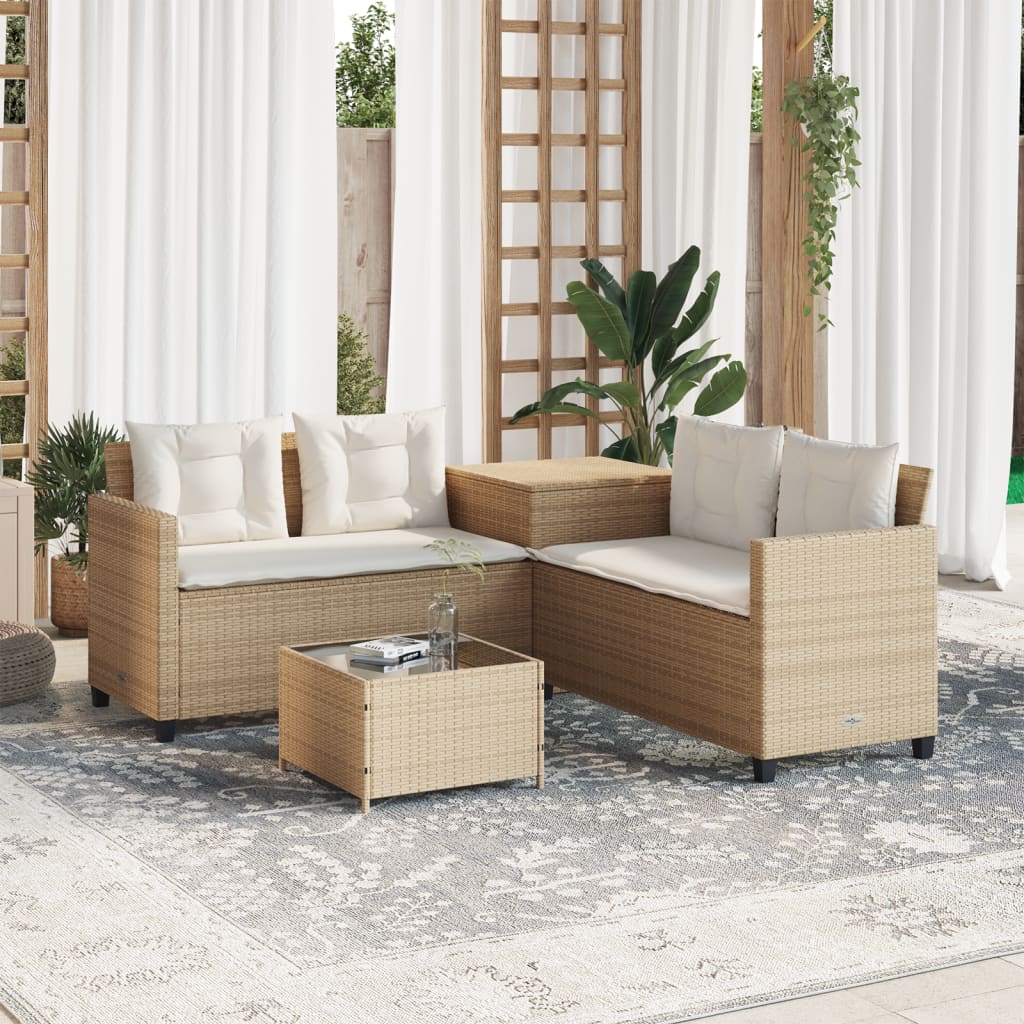 Divano da Giardino con Tavolo e Cuscini a L Beige in Polyrattan 369031