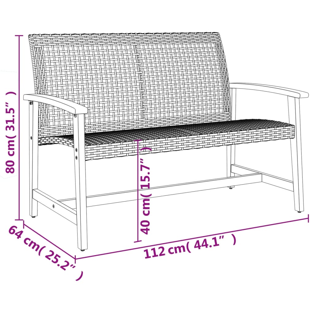 Panca da Giardino Nera 112 cm in Polyrattan e Legno di Acacia 367598