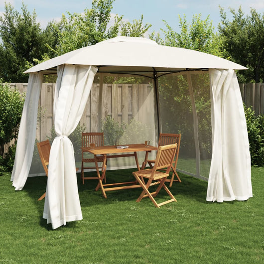 Gazebo con Tetto Doppio e Pareti Rete Crema 2,93x2,93 m Acciaio 368448