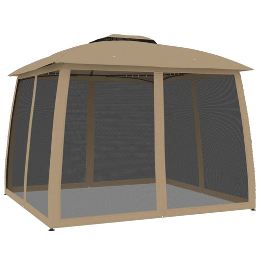 Gazebo con Tetto Doppio/Pareti Rete Tortora 2,93x2,93 m Acciaio 368450