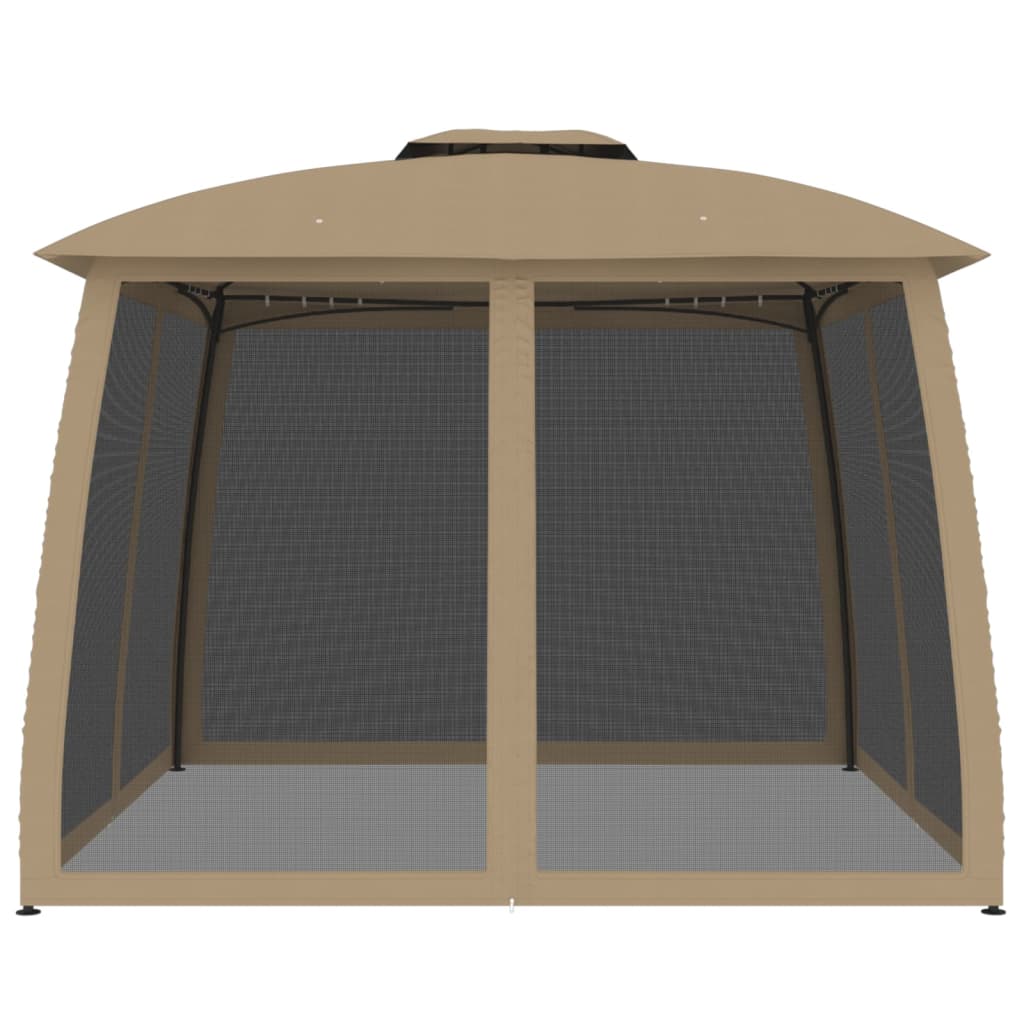 Gazebo con Tetto Doppio/Pareti Rete Tortora 2,93x2,93 m Acciaio 368450