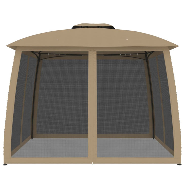 Gazebo con Tetto Doppio/Pareti Rete Tortora 2,93x2,93 m Acciaio 368450