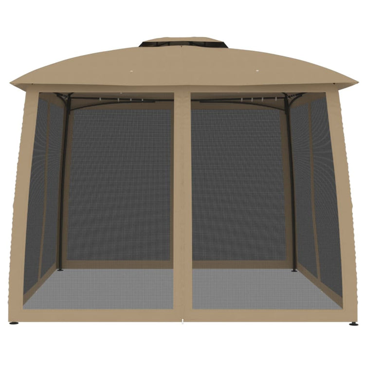 Gazebo con Tetto Doppio/Pareti Rete Tortora 2,93x2,93 m Acciaio 368450