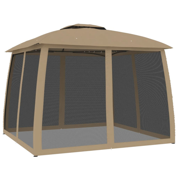 Gazebo con Tetto Doppio/Pareti Rete Tortora 2,93x2,93 m Acciaio 368450