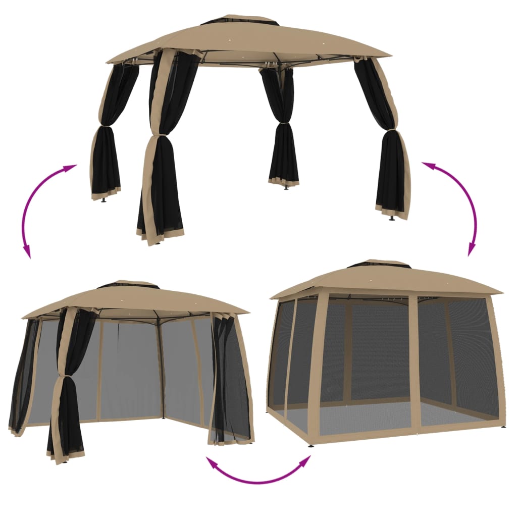 Gazebo con Tetto Doppio/Pareti Rete Tortora 2,93x2,93 m Acciaio 368450