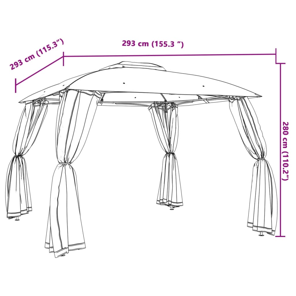 Gazebo con Tetto Doppio/Pareti Rete Tortora 2,93x2,93 m Acciaio 368450