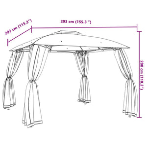 Gazebo con Tetto Doppio/Pareti Rete Tortora 2,93x2,93 m Acciaio 368450