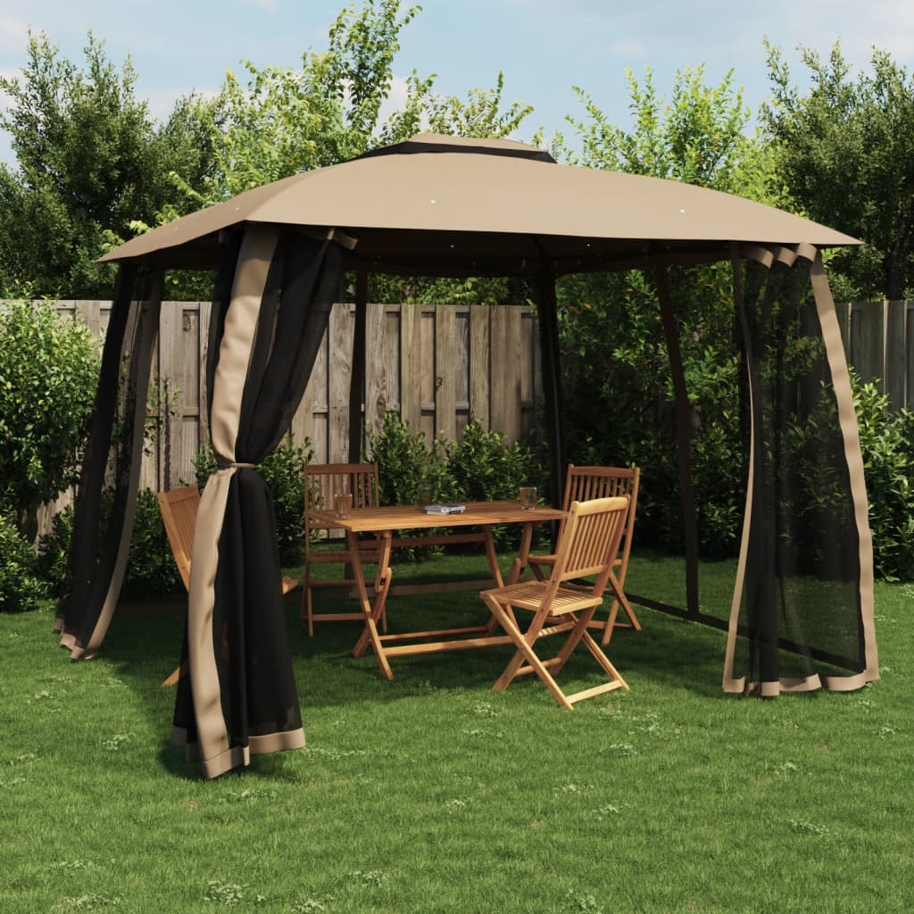 Gazebo con Tetto Doppio/Pareti Rete Tortora 2,93x2,93 m Acciaio 368450