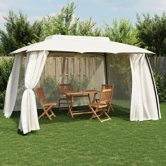 Gazebo con Tetto Doppio e Pareti Rete Crema 3,93x2,93 m Acciaio 368451