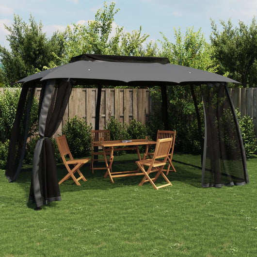 Gazebo Tetto Doppio e Pareti Rete Antracite 3,93x2,93 m Acciaio 368452