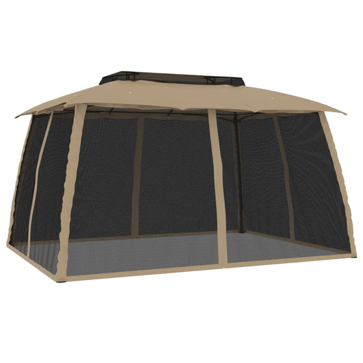 Gazebo con Tetto Doppio/Pareti Rete Tortora 3,93x2,93 m Acciaio 368453