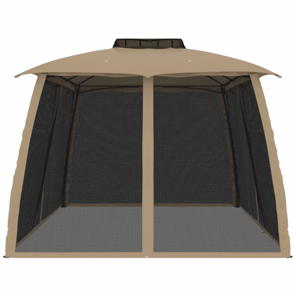 Gazebo con Tetto Doppio/Pareti Rete Tortora 3,93x2,93 m Acciaio 368453