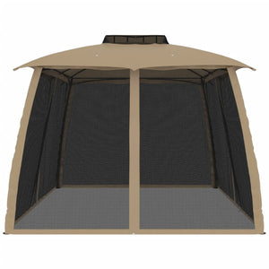 Gazebo con Tetto Doppio/Pareti Rete Tortora 3,93x2,93 m Acciaio 368453