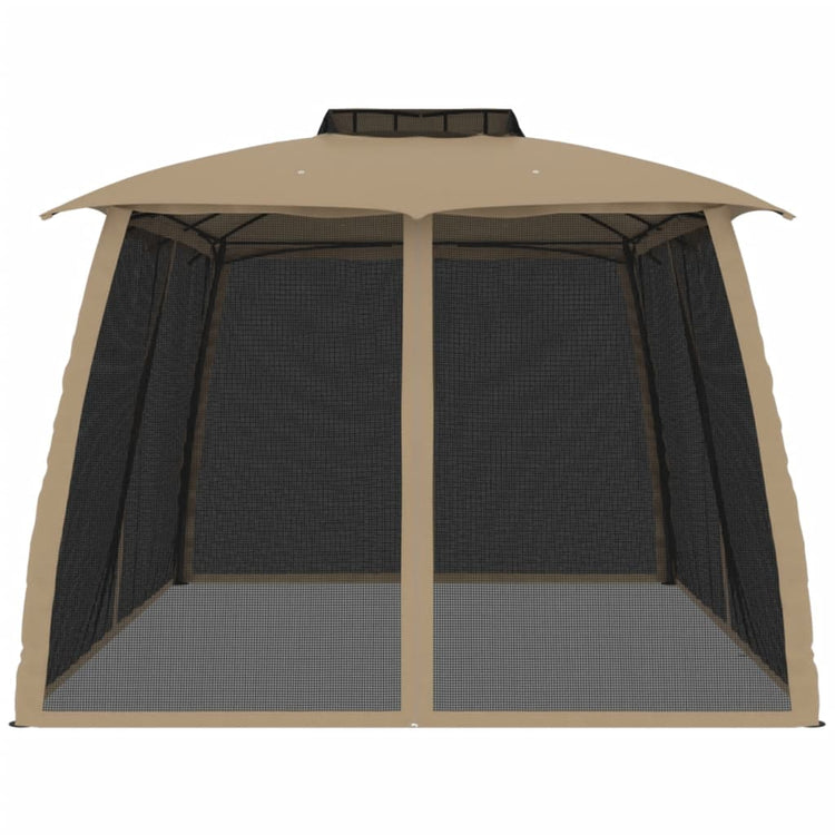 Gazebo con Tetto Doppio/Pareti Rete Tortora 3,93x2,93 m Acciaio 368453