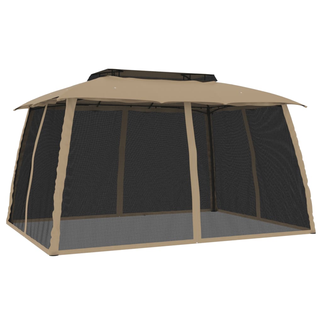 Gazebo con Tetto Doppio/Pareti Rete Tortora 3,93x2,93 m Acciaio 368453