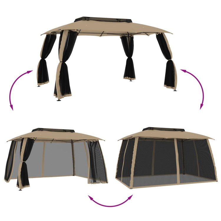 Gazebo con Tetto Doppio/Pareti Rete Tortora 3,93x2,93 m Acciaio 368453