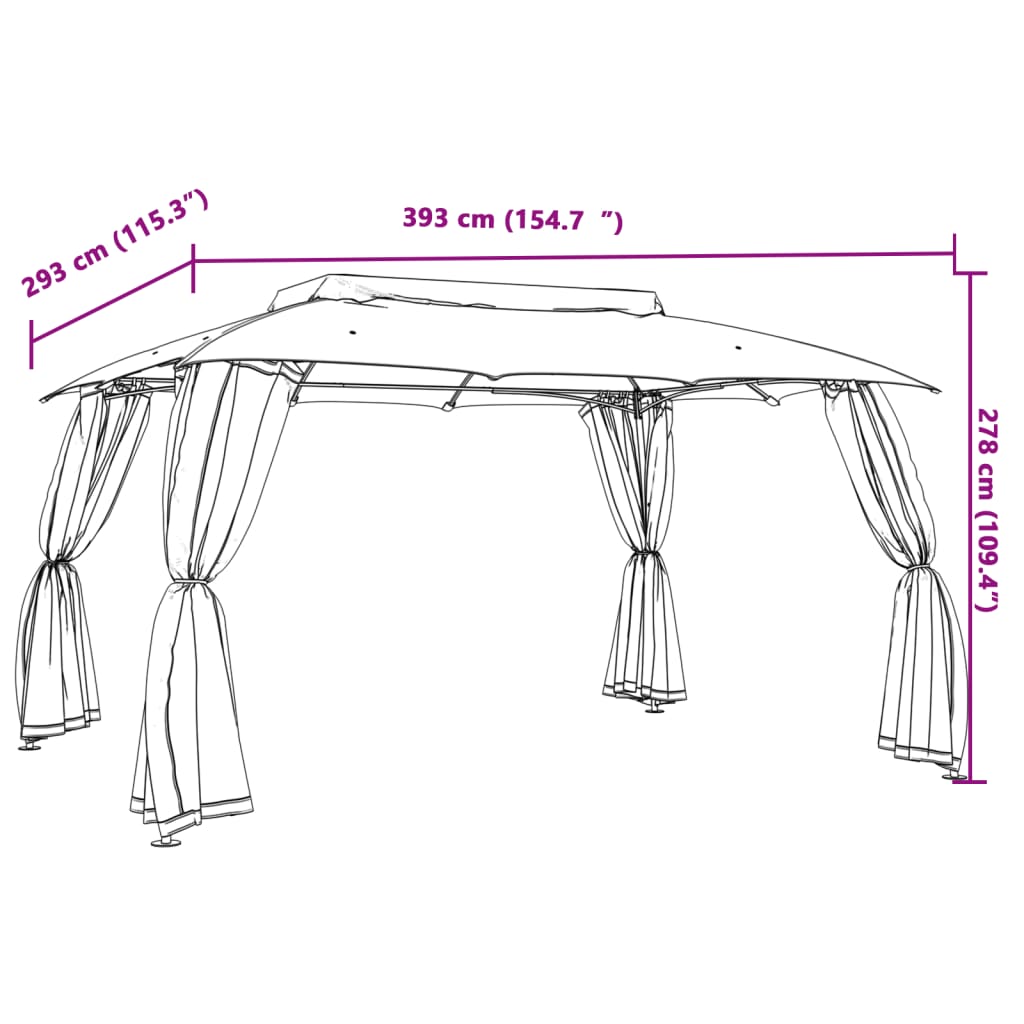 Gazebo con Tetto Doppio/Pareti Rete Tortora 3,93x2,93 m Acciaio 368453