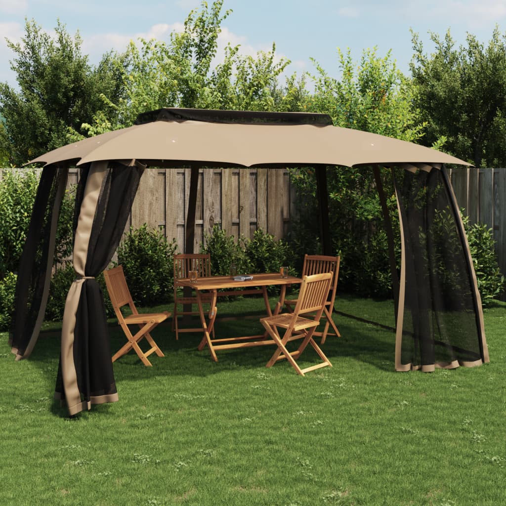 Gazebo con Tetto Doppio/Pareti Rete Tortora 3,93x2,93 m Acciaio 368453