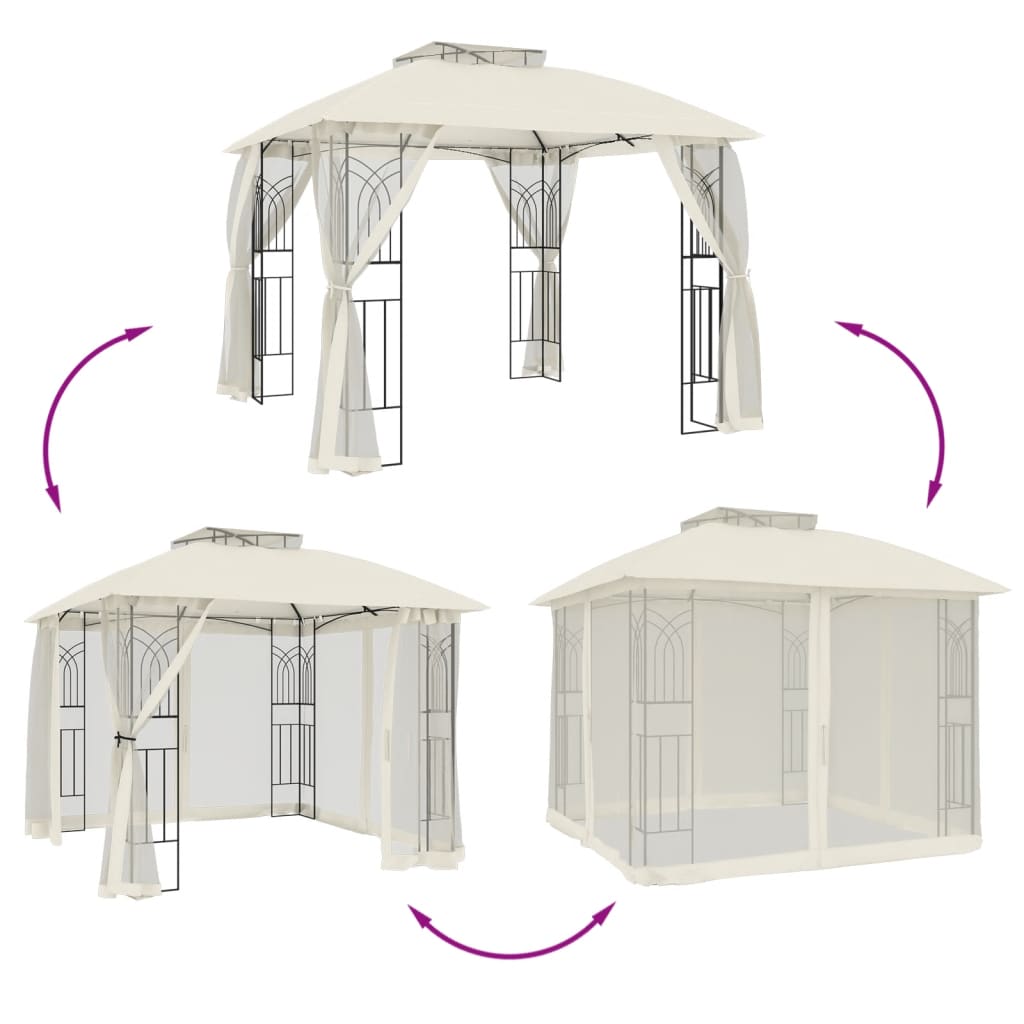 Gazebo con Tetto Doppio e Pareti Rete Crema 2,94x2,94 m Acciaio 368454