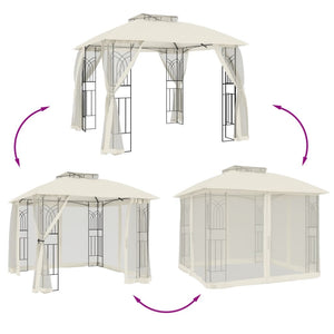 Gazebo con Tetto Doppio e Pareti Rete Crema 2,94x2,94 m Acciaio 368454