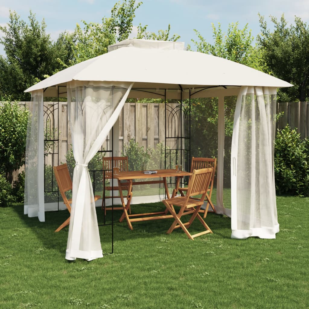 Gazebo con Tetto Doppio e Pareti Rete Crema 2,94x2,94 m Acciaio 368454