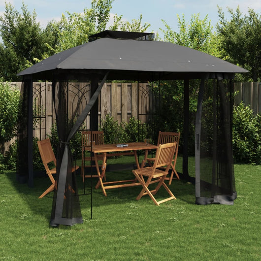 Gazebo Tetto Doppio e Pareti Rete Antracite 2,94x2,94 m Acciaio 368455