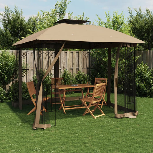 Gazebo con Tetto Doppio/Pareti Rete Tortora 2,94x2,94 m Acciaio 368456