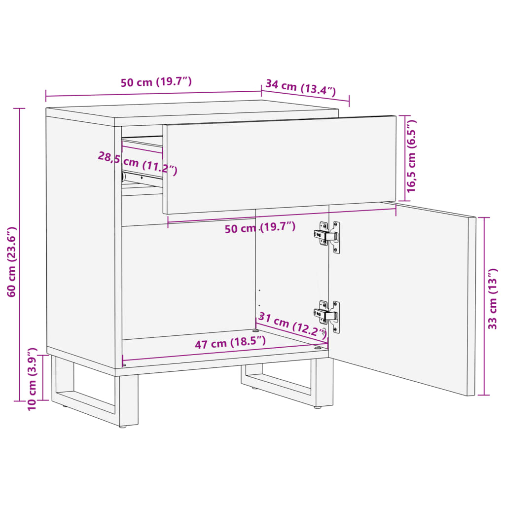 Comodino 50x34x60 cm in Legno Massello di Mango Grezzo 377476