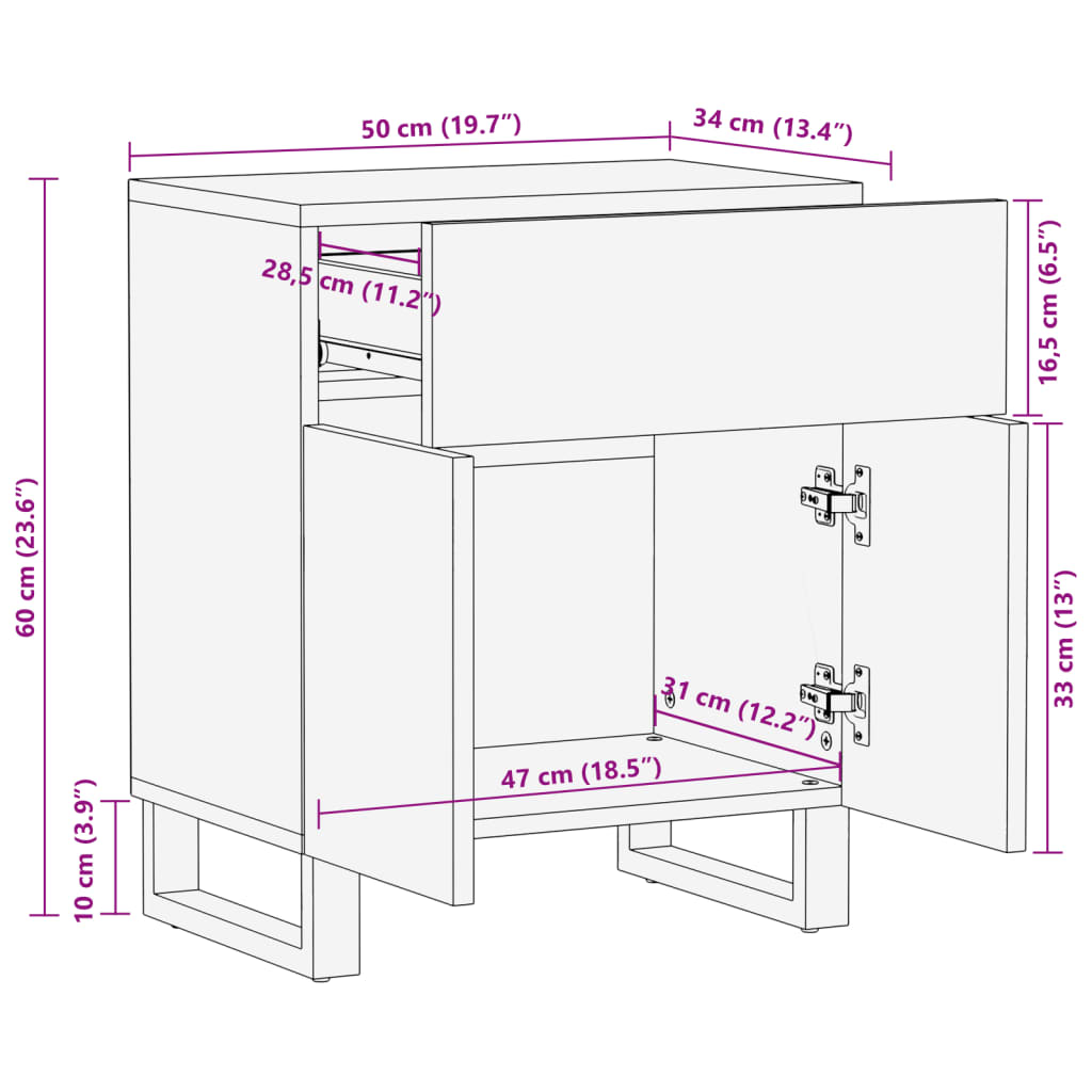 Comodino 50x34x60 cm in Legno Massello di Acacia 377492