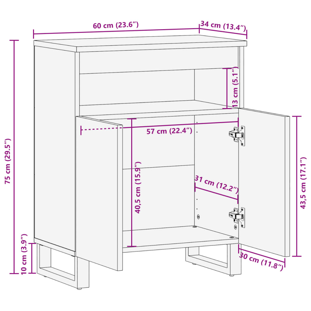 Credenza Marrone 60x34x75 cm in Legno Massello di Mango 377561