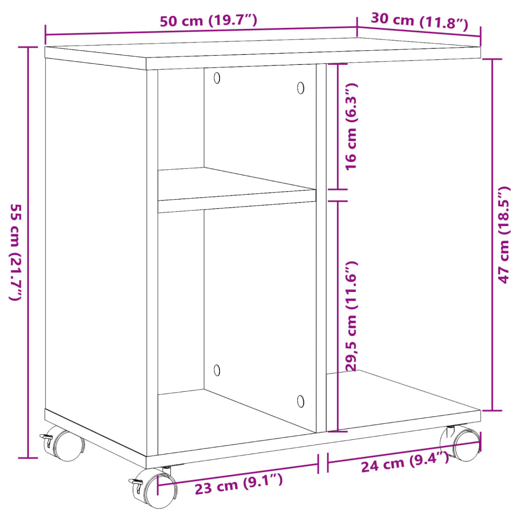 Tavolino con Ruote Nero 50x30x55 cm in Legno Multistrato 840570